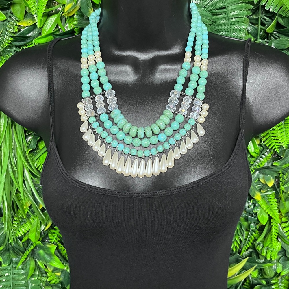 Turquoise‎ Faux Pearl Multi Strand Statement Bib Necklace Silver Tone 3979